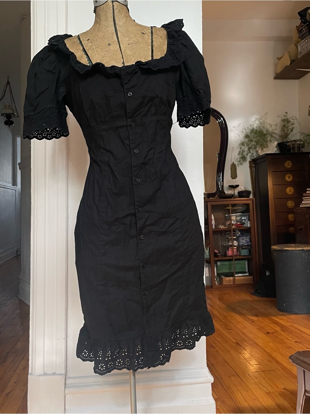 100% COTTON Black Eyelet Cotton Midi Dress